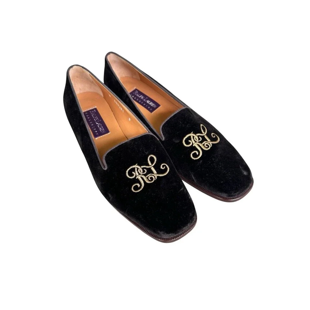 Ralph Lauren Collection Purple Label Velvet Soaking Loafers Embroidered 8 Italy